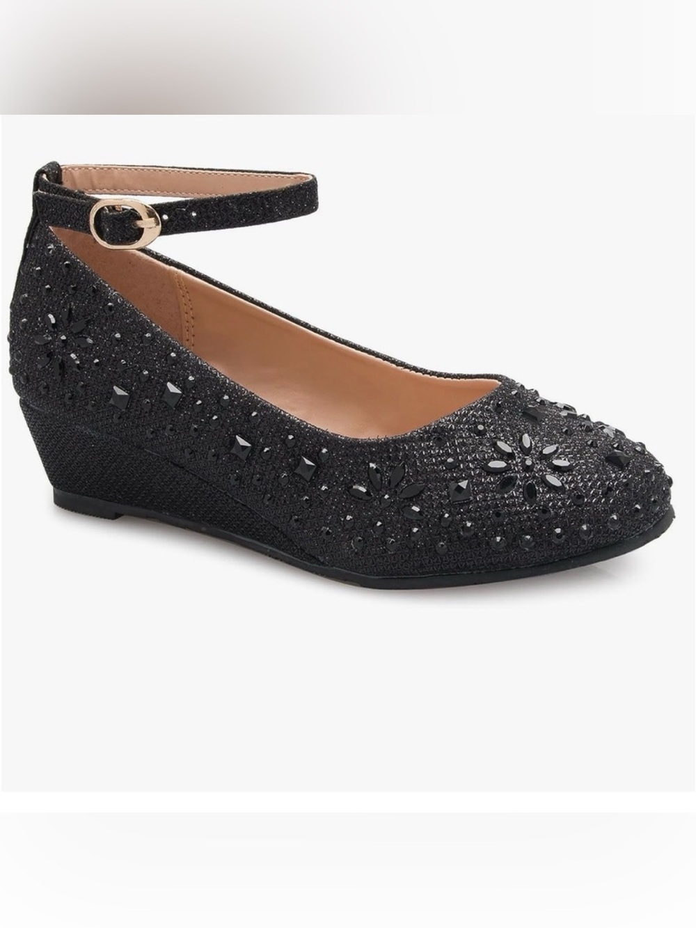 🎀 OLIVIA K Girls SZ 3 “NEW” Black glitter Rhinestone wedges w side ankle Straps